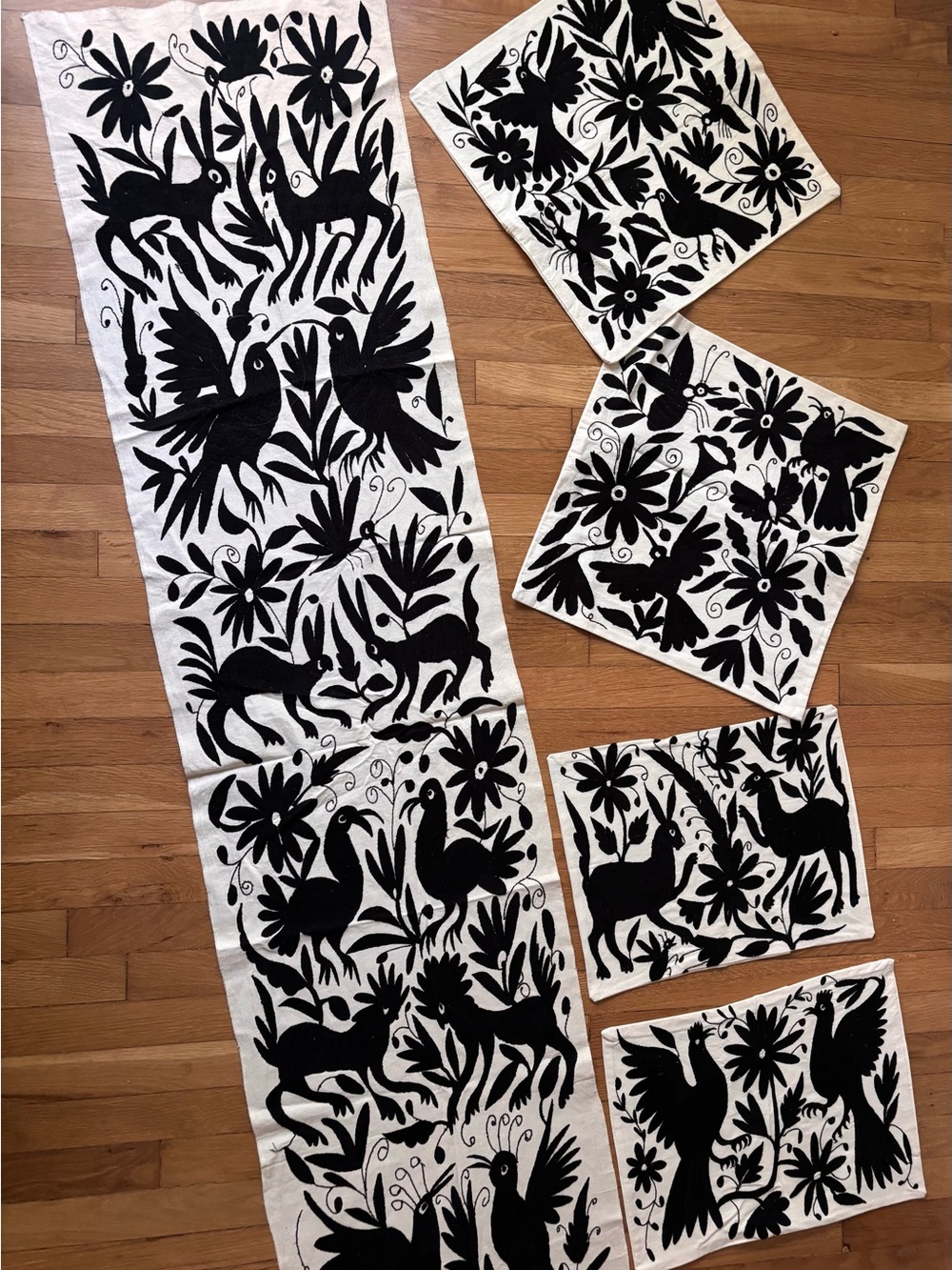Handcrafted Black and White Otomi Textile Runner and Pillow Cases
